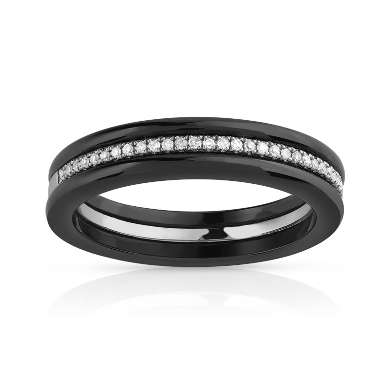 Bague or 375 blanc céramique noire et diamant - vue 1 Bague or 375 blanc céramique noire et diamant - vue 1
