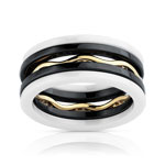 Bague or 375 jaune c&eacute;ramique blanche et noire