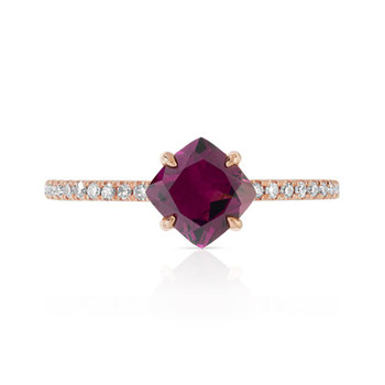 Bague or 375 rose grenat rhodolite carrée et diamants