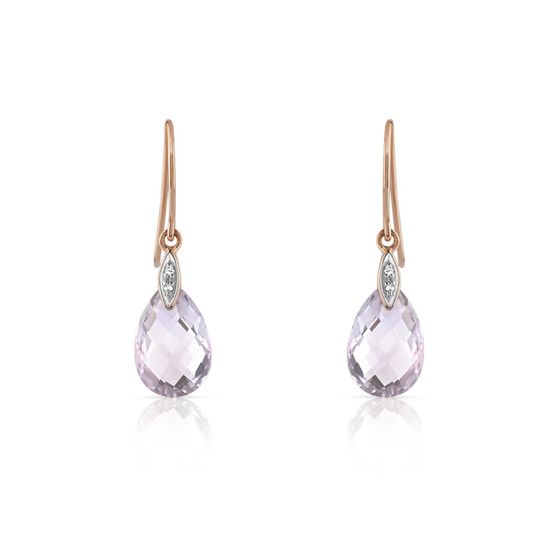 Boucles d'oreilles or 375 rose pendants gouttes briolette améthystes pastel et diamants - vue D1