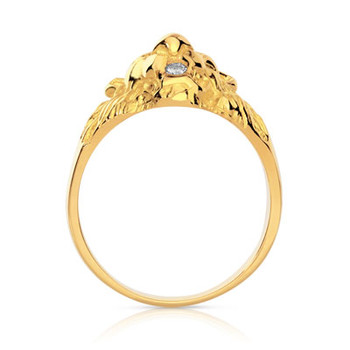 Chevalière or 375 jaune tête de lion rubis et diamant