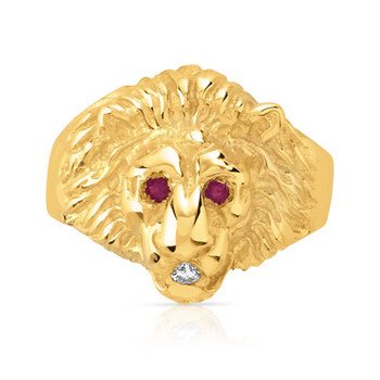 Chevalière or 375 jaune tête de lion rubis et diamant
