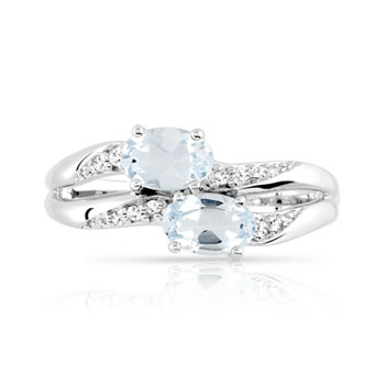 Bague or 375 blanc aigues-marines ovales et diamants