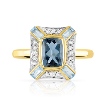 Bague or 375 2 tons topaze london blue rectangulaire et bleues traitées et diamants