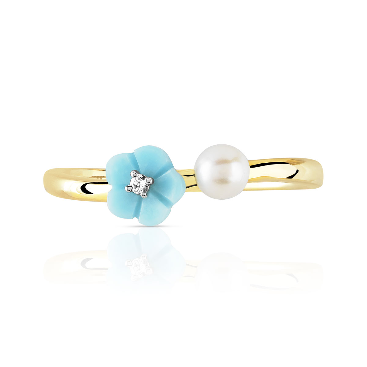 Bague or 375 jaune perle de culture turquoise diamant - vue V3