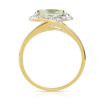 Bague or 375 2 tons quartz vert ovale et diamants