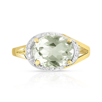 Bague or 375 2 tons quartz vert ovale et diamants