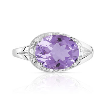 Bague or 375 blanc améthyste ovale et diamants