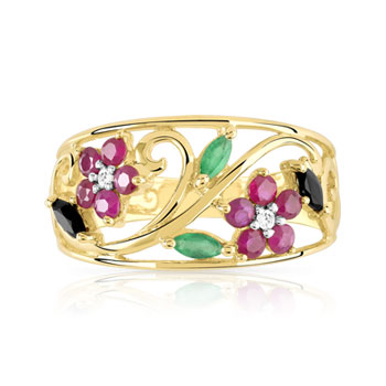 Bague or 375 2 tons fleurs pierres précieuses