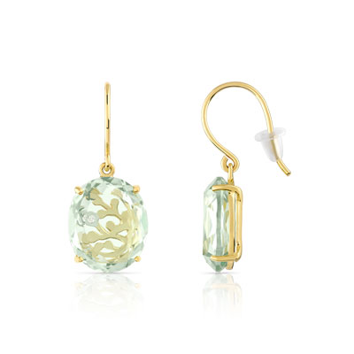 Boucles d'oreilles or 375 jaune quartz vert et diamant - vue 1