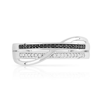 Bague or 375 blanc triple anneau diamants noirs et blancs