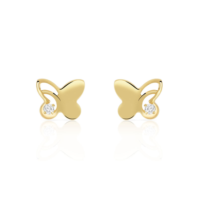 Boucles d'oreilles or 375 jaune papillons zirconias - vue D1