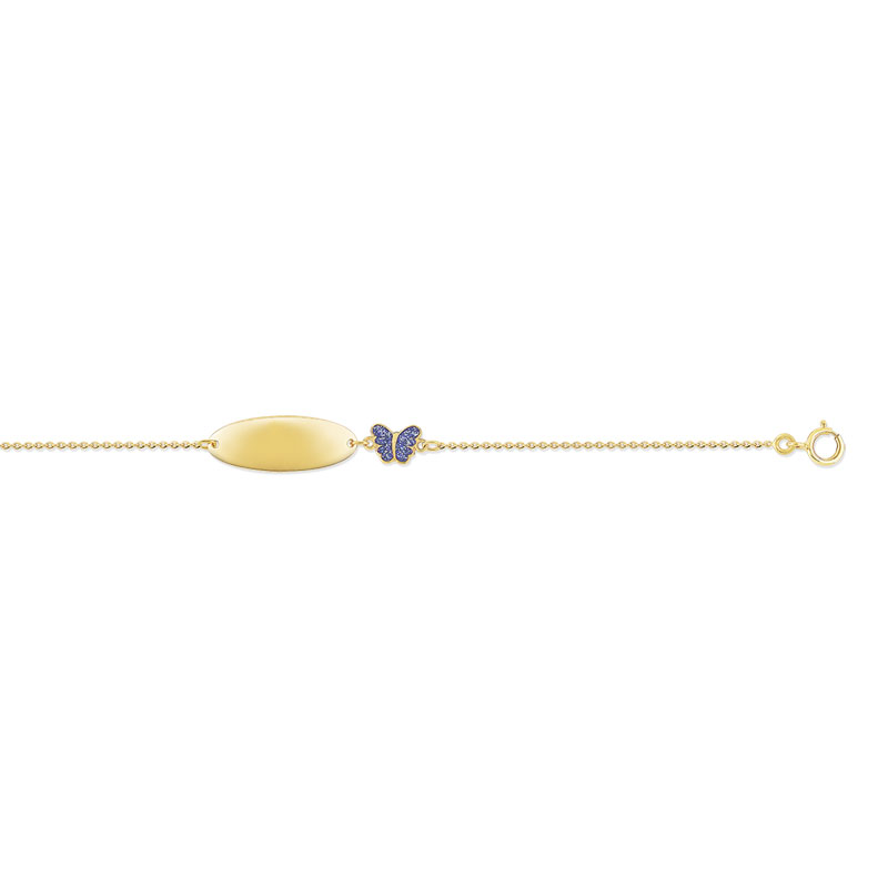 Bracelet identité or 375 jaune personnalisable maille forçat et laque papillon 14 cm