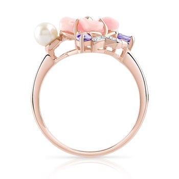Bague or 375 rose fleur pierres fines diamants perle de culture de Chine et nacre rose