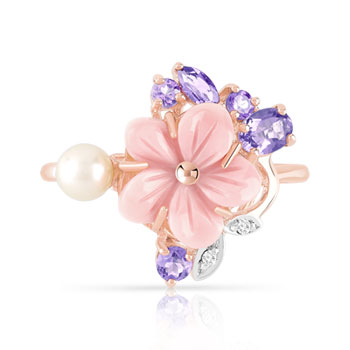 Bague or 375 rose fleur pierres fines diamants perle de culture de Chine et nacre rose