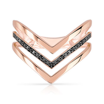 Bague or 375 rose 'V' diamants noirs