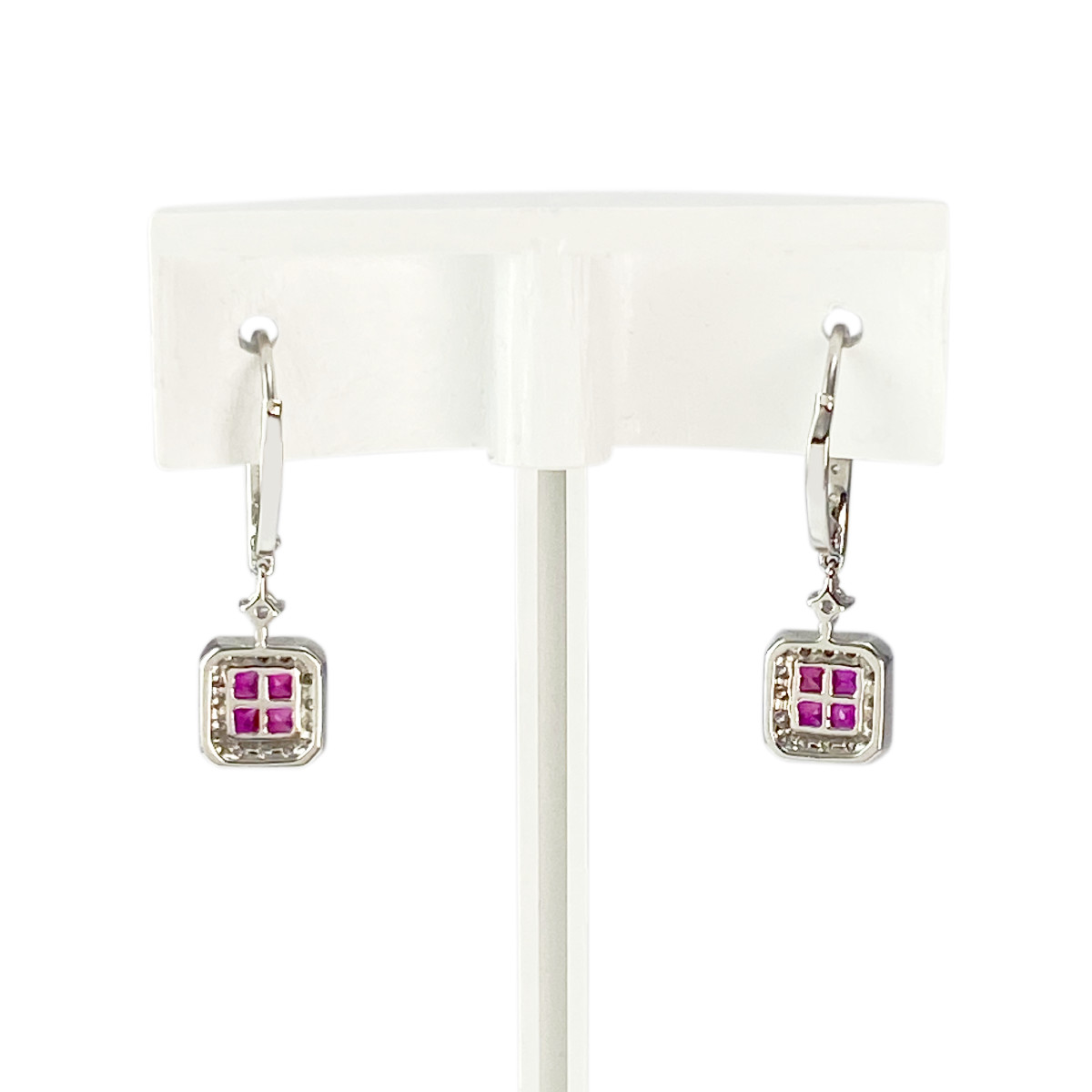 Boucles d'oreilles or 750 blanc rubis diamant - vue 3