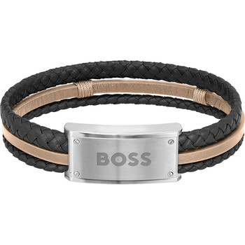Bracelet Boss cuir noir marron acier 19,5 cm