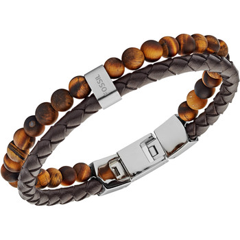 Bracelet FOSSIL acier cuir marron multi-rangs oeil de tigres 19,5 cm