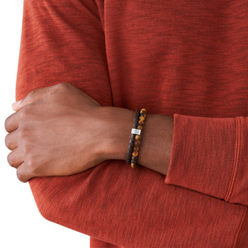 Bracelet FOSSIL acier cuir marron multi-rangs oeil de tigres 19,5 cm