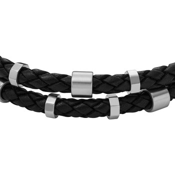 Bracelet  FOSSIL acier inoxydable et cuir noir.