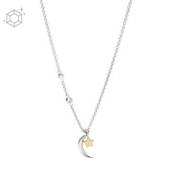 Collier FOSSIL argent 925 bicolore lune, étoile et zirconias 47 cm