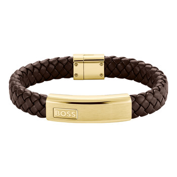 Bracelet BOSS Lander acier doré cuir marron longueur 19 cm