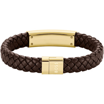 Bracelet BOSS Lander acier doré cuir marron longueur 19 cm