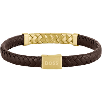 Bracelet BOSS Tailored acier doré cuir marron longueur 19 cm