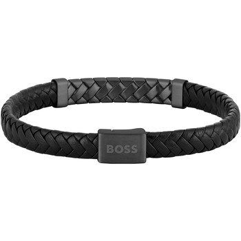 Bracelet BOSS Tailored acier noir cuir noir longueur 19 cm