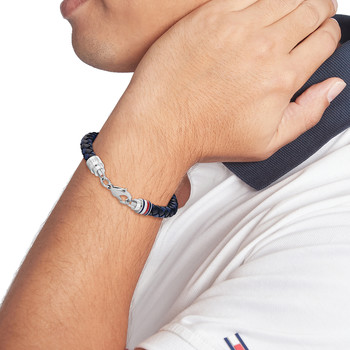 Bracelet TOMMY HILFIGER Tyson acier cuir bleu noir longueur 19 cm