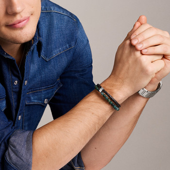 Bracelet FOSSIL acier inoxydable vert cuir marron