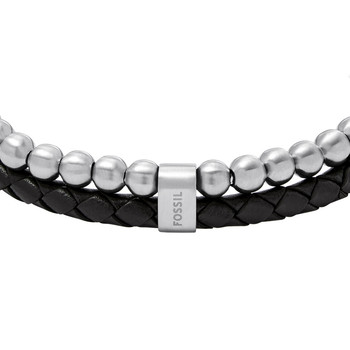 Bracelet FOSSIL acier inoxydable cuir noir