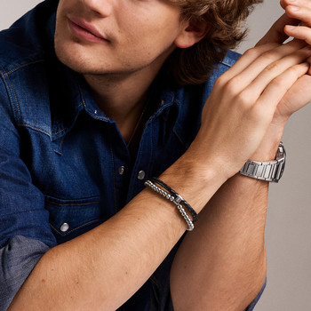 Bracelet FOSSIL acier inoxydable cuir noir