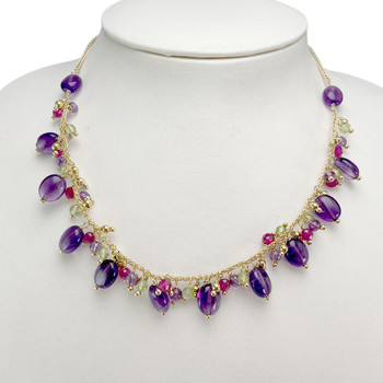 Collier d'occasion or 750 jaune boules en verre et améthystes 41 cm