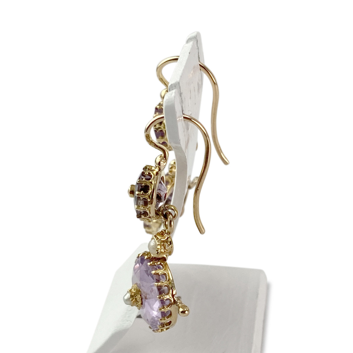 Boucles d'oreilles d'occasion or 750 jaune améthystes perles fines - vue 2