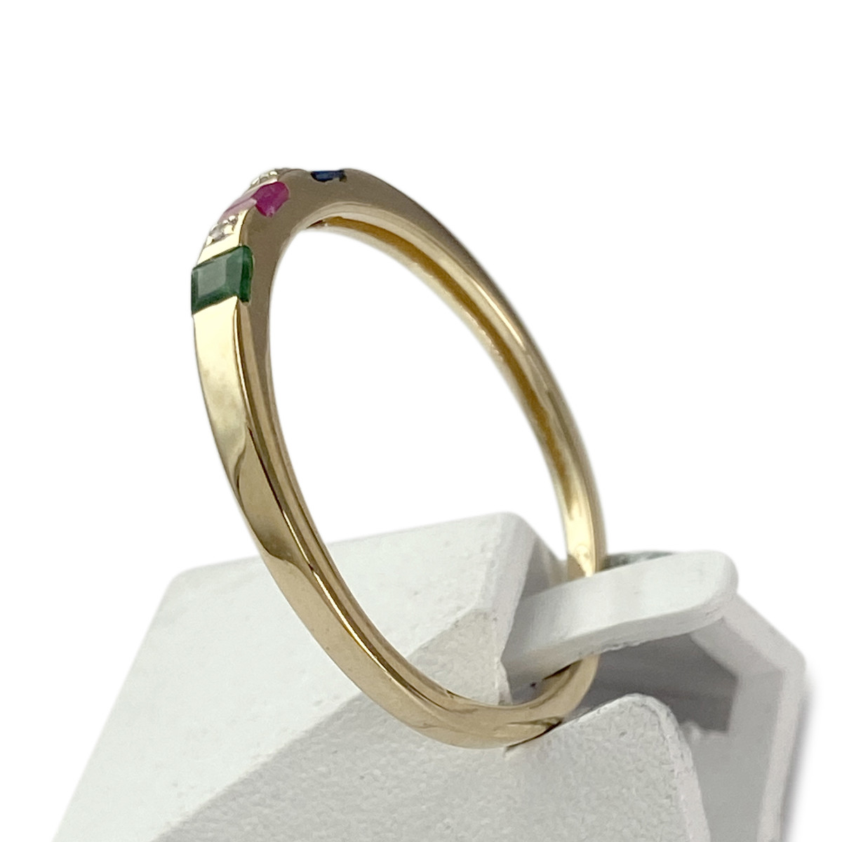 Bague d'occasion or 750 jaune pierres précieuses carrées et diamants - vue 2