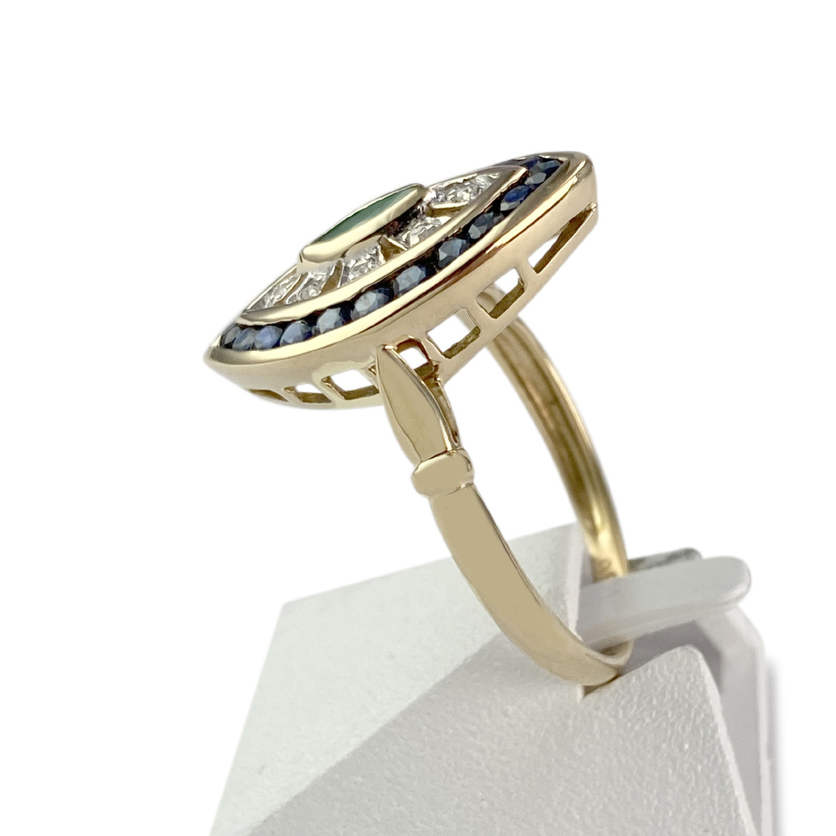 Bague d'occasion or 750 jaune et rhodié diamants saphirs émeraude - vue 2