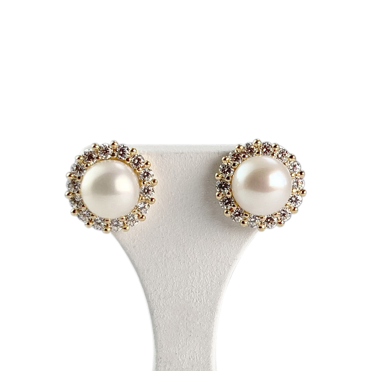 Boucles d'oreilles d'occasion or 750 jaune perles bouton zirconias