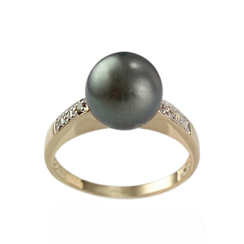 Tweedehands 750 geelgouden en gerhodineerde ring met Tahitiparel diamanten