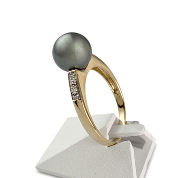 Tweedehands 750 geelgouden en gerhodineerde ring met Tahitiparel diamanten