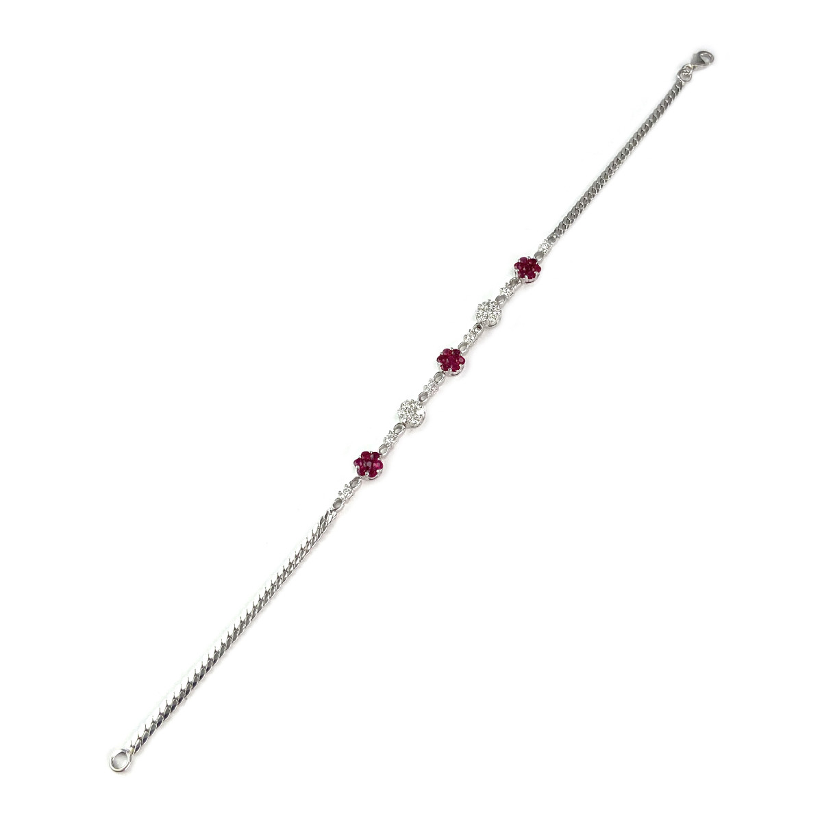 Bracelet d'occasion or 750 blanc maille anglaise diamants rubis 19 cm - vue 2