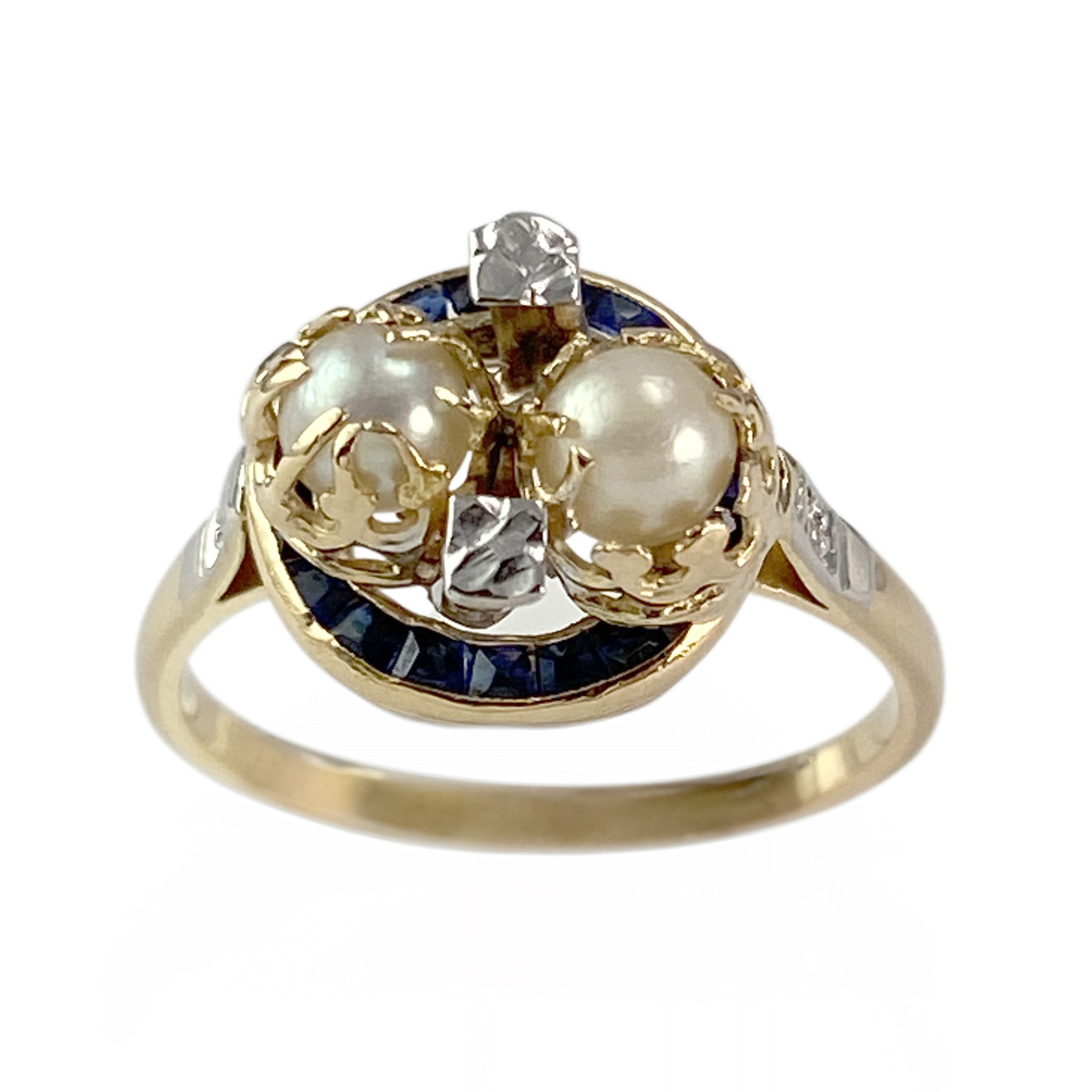 Bague d'occasion or 750 2 tons perles de culture saphirs diamants