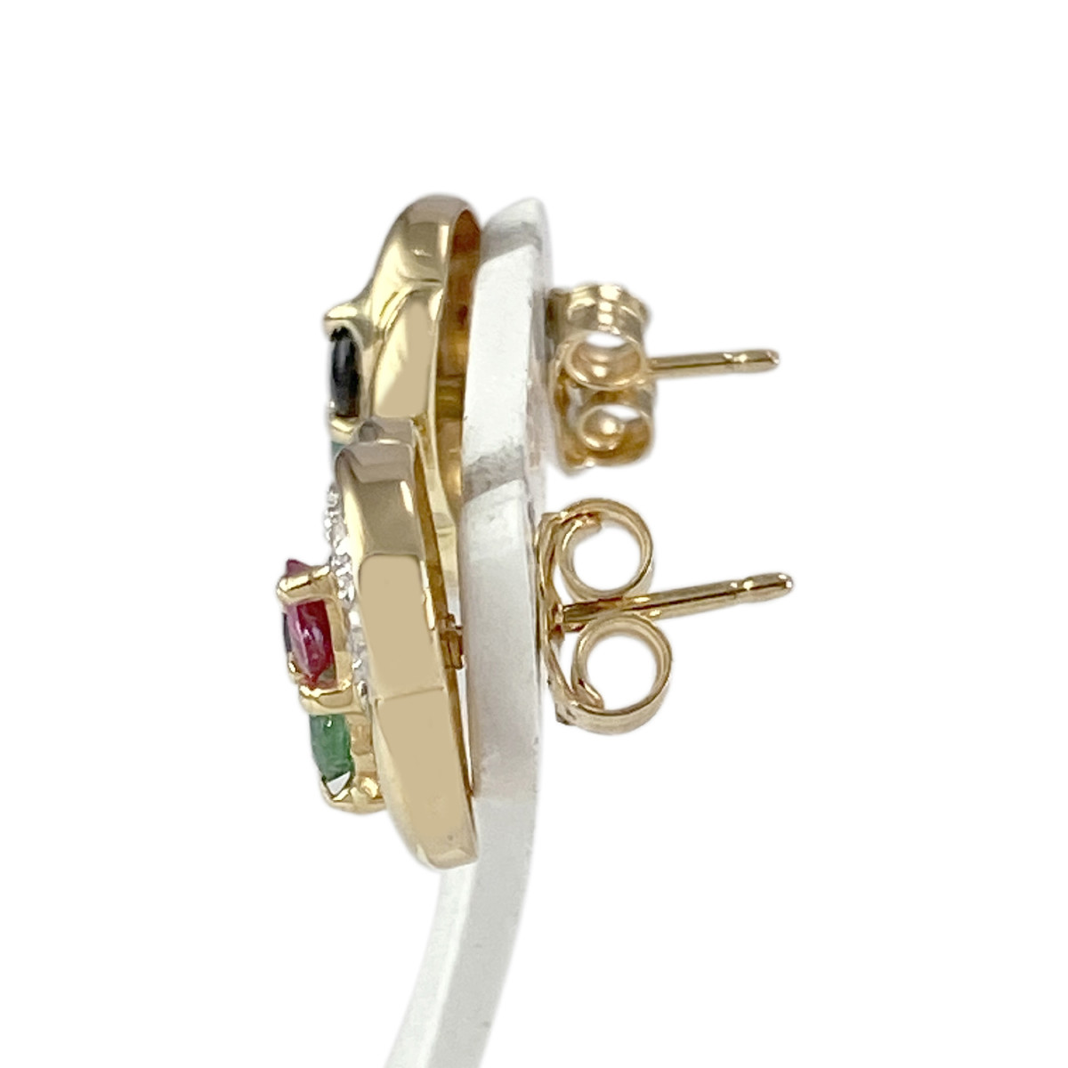 Boucles d'oreilles clous d'occasion or 750 2 tons diamants émeraudes saphirs rubis - vue 2