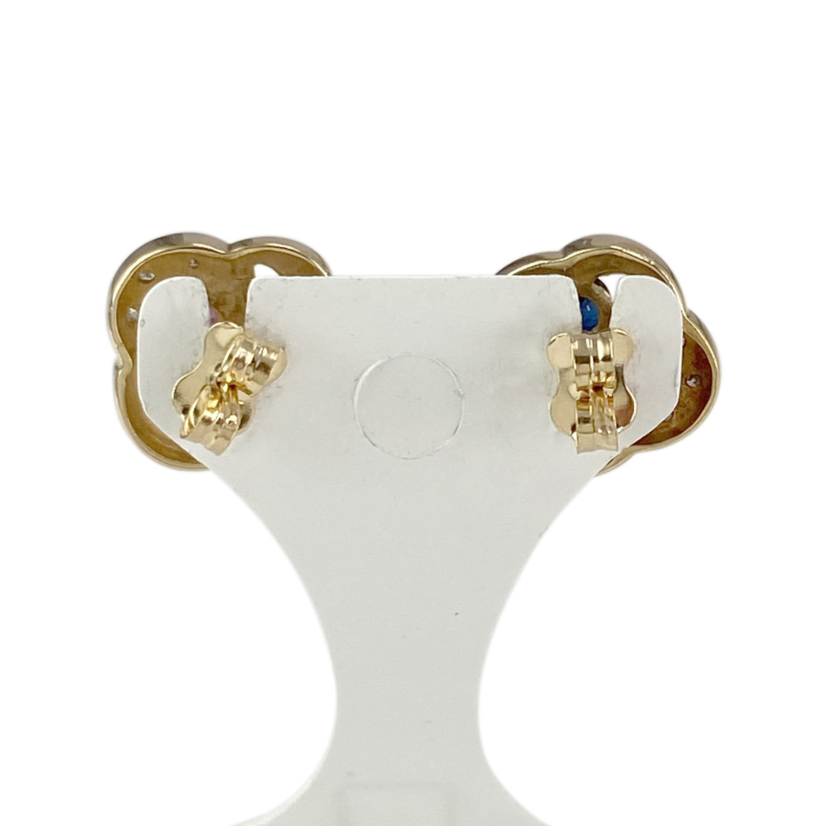 Boucles d'oreilles clous d'occasion or 750 2 tons diamants émeraudes saphirs rubis - vue 3