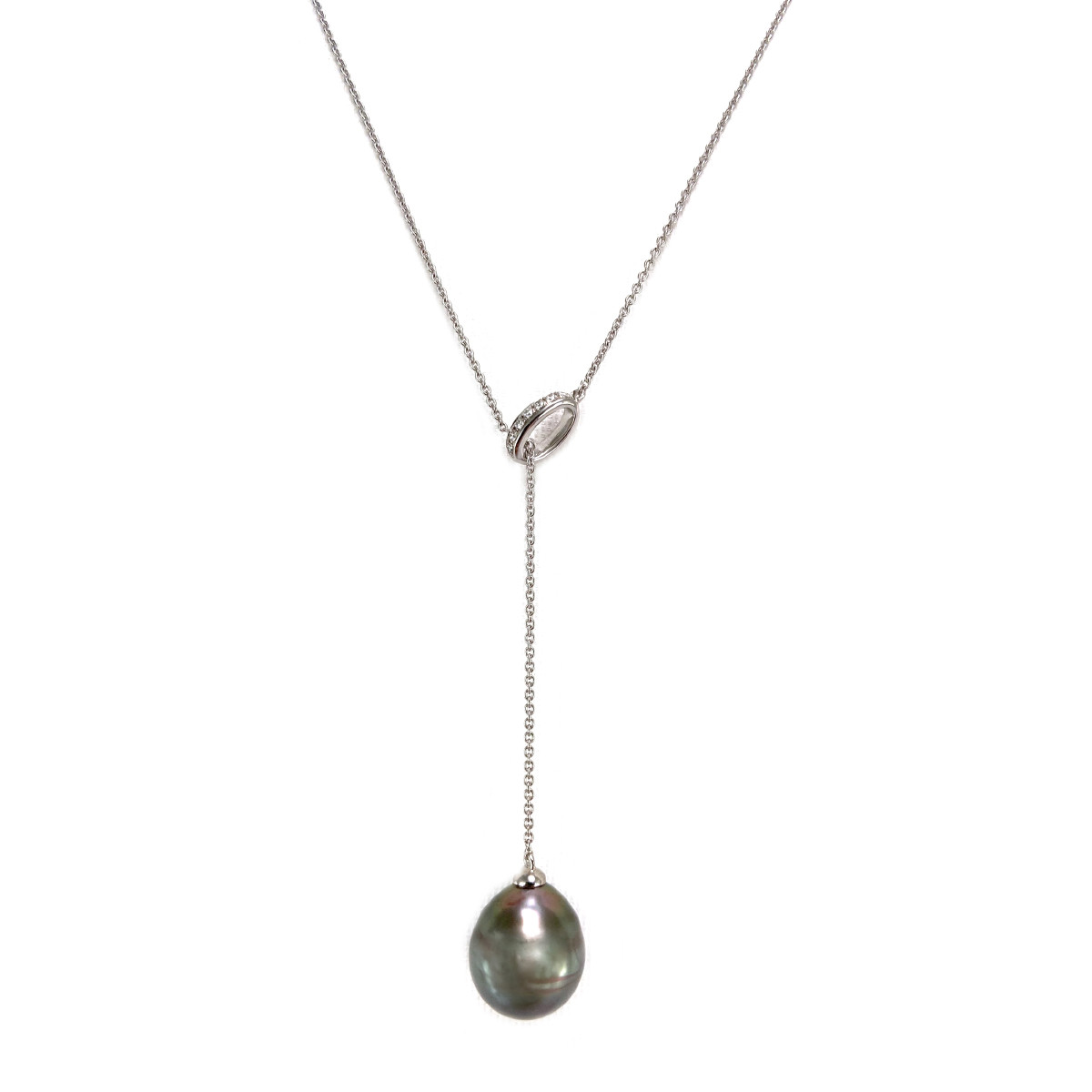 Collier d'occasion or 375 blanc maille forçat perle de tahiti diamants 42 cm