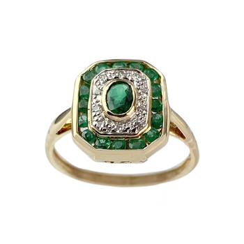 Second hand ring gold 750 2 tone diamonds emeralds