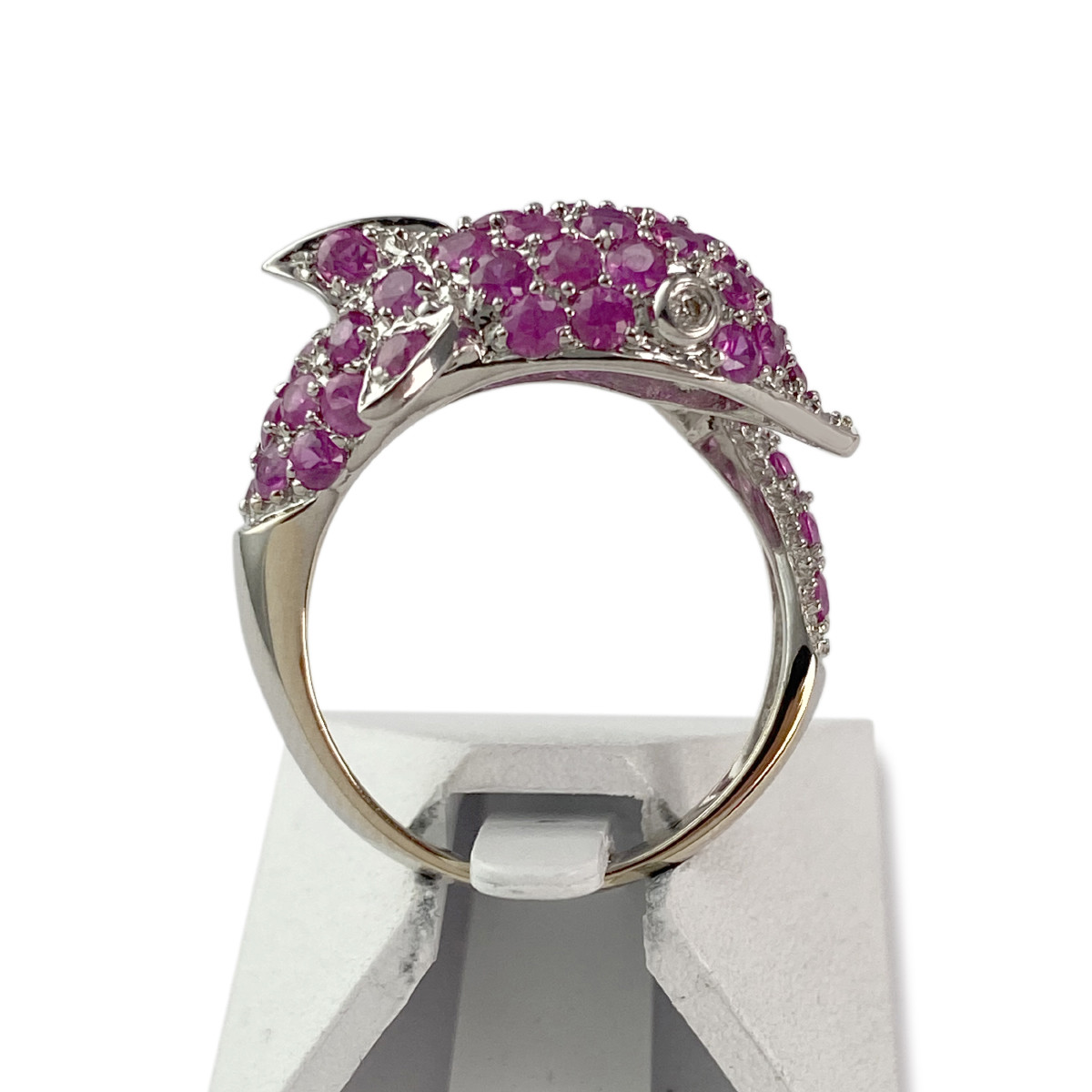 Bague dauphin d'occasion or 585 blanc rubis diamants - vue 3