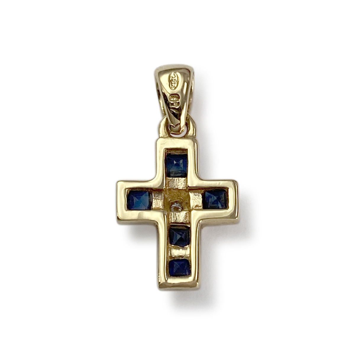 Pendentif croix d'occasion or 750 jaune saphirs diamant - vue 2