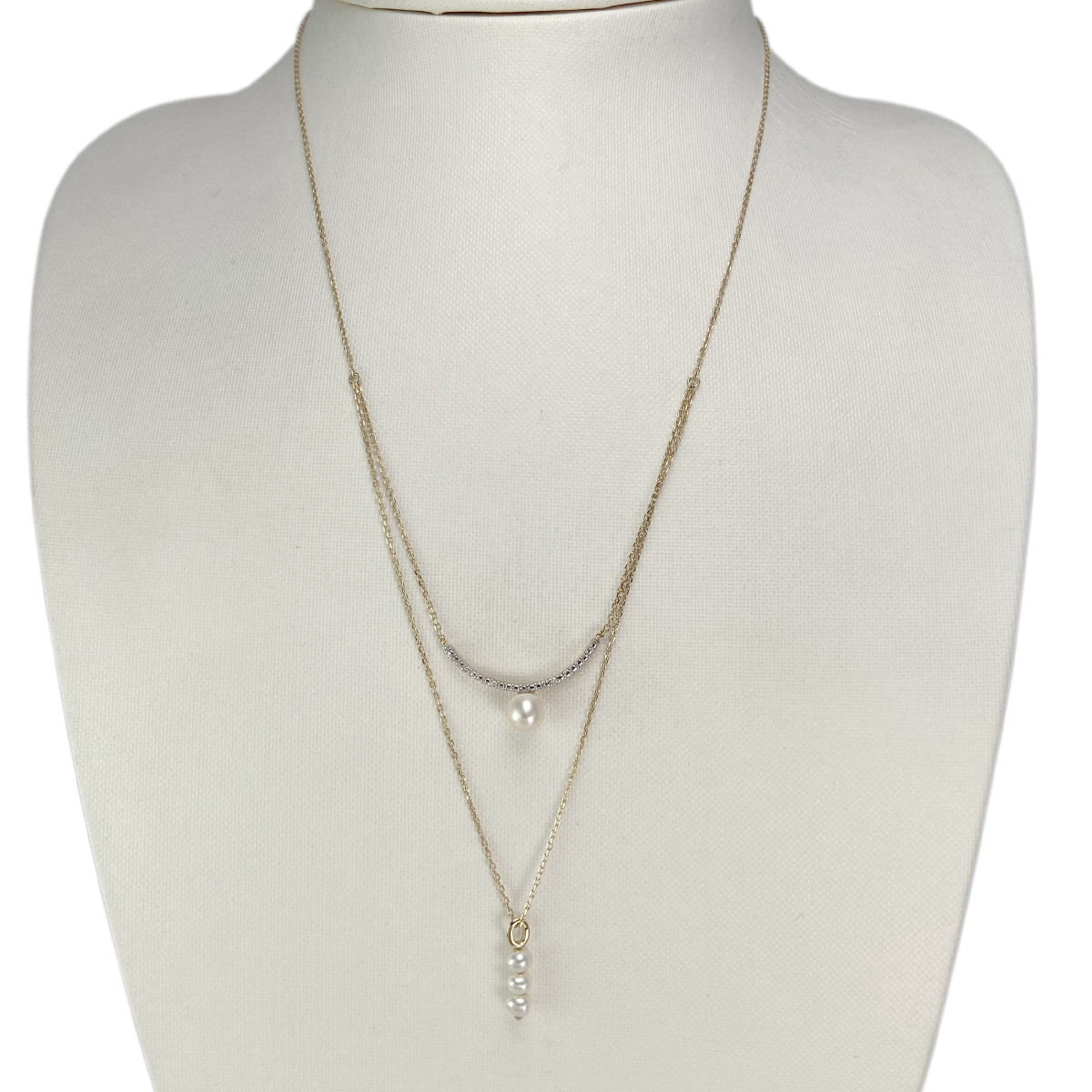 Collier d'occaison or 375 2 tons maille forçat perles de culture de chine diamants 45 cm - vue 2